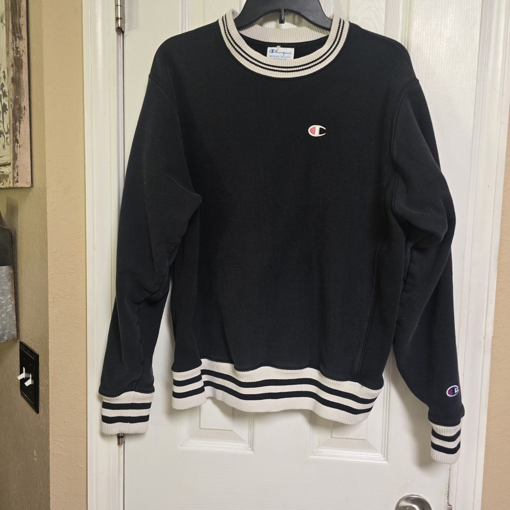 Champion Reverse Weave Sweatshirt Mens Medium Black Striped Trim Crewneck Logo
